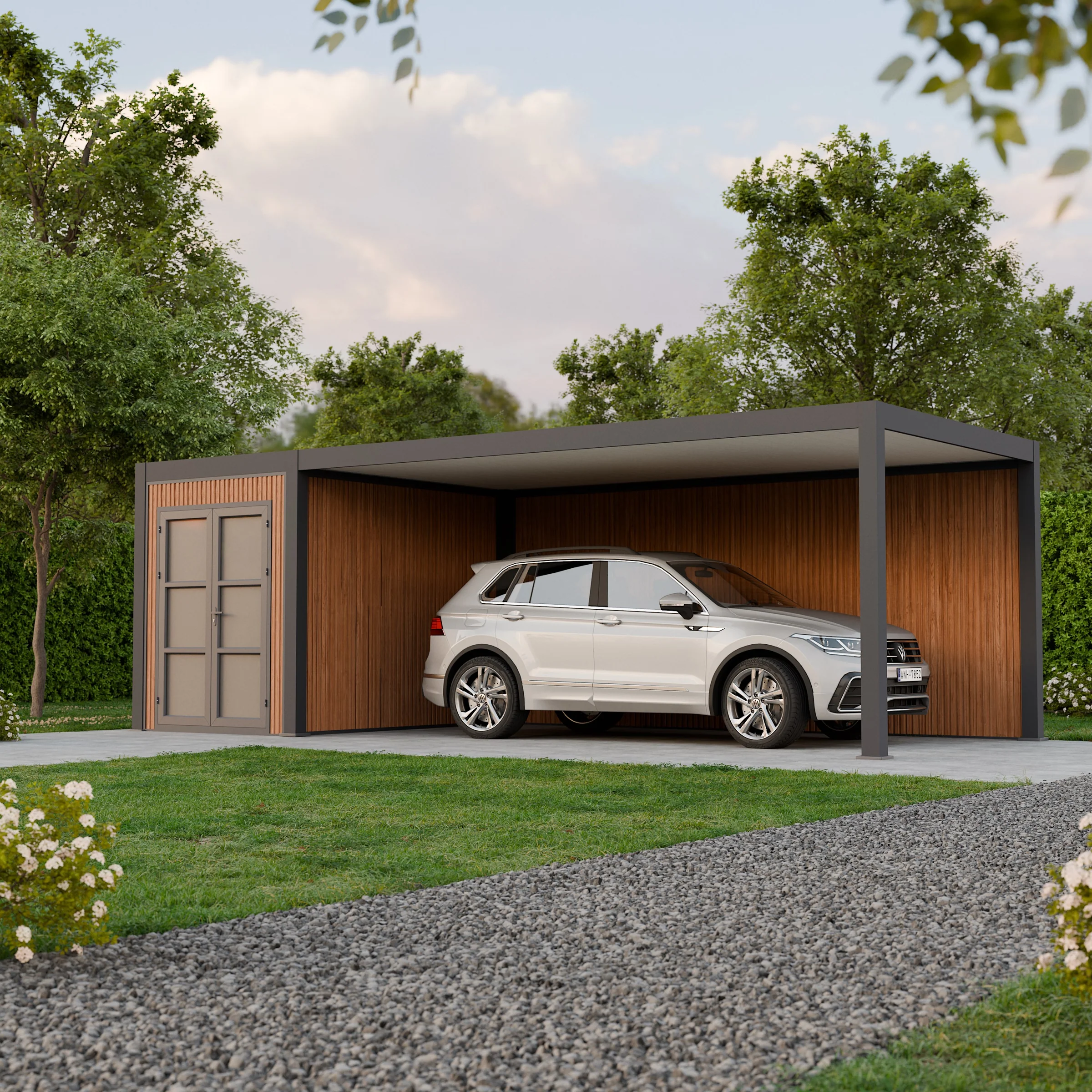 DENVER – 330 × 759 cm automobilio stoginė su sandėliavimo patalpa ir šonine siena - Image 2