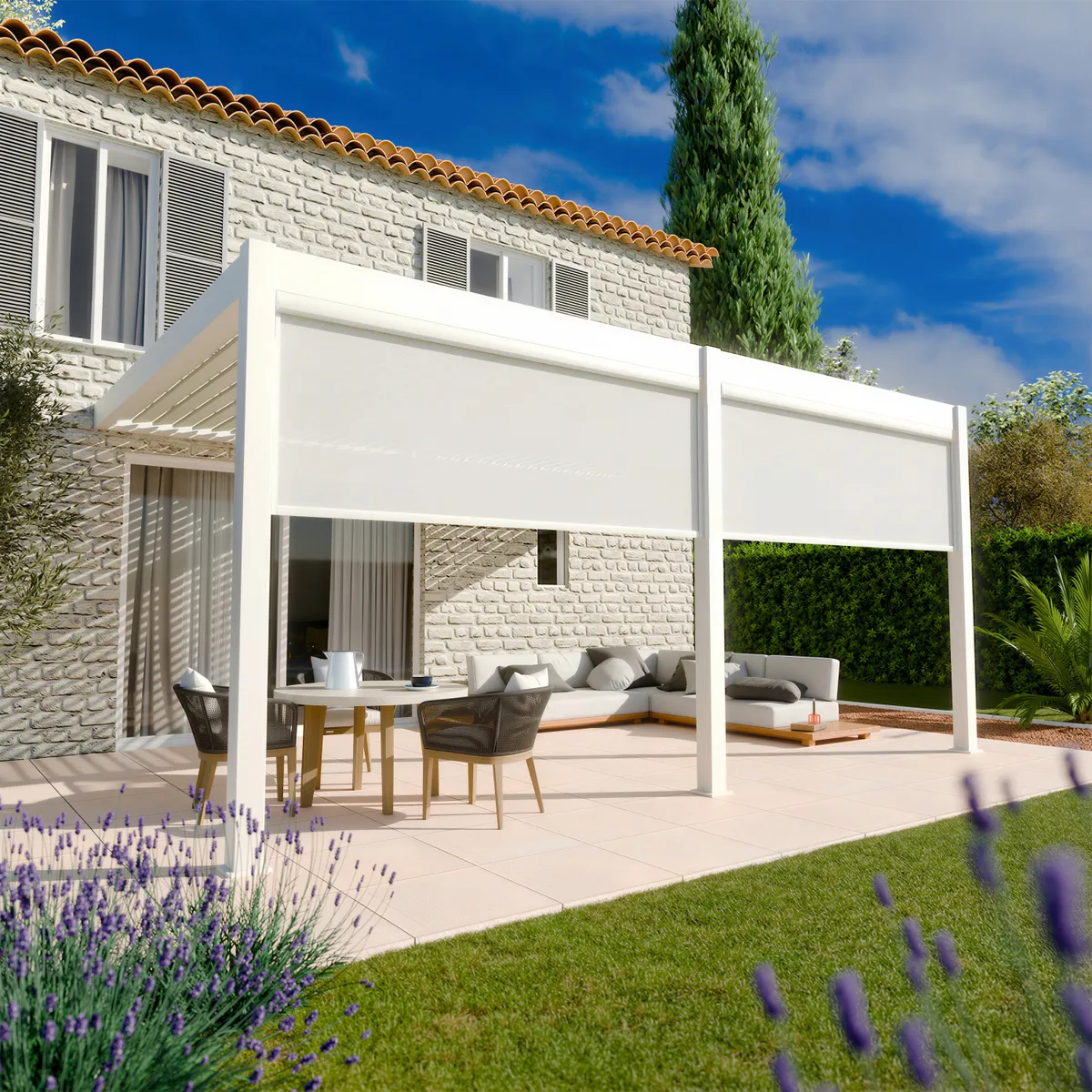 Pergola Elios 5,3x3,6 m. balta su 2 vnt 2,65 m pločio priekiniai roletai - Image 2