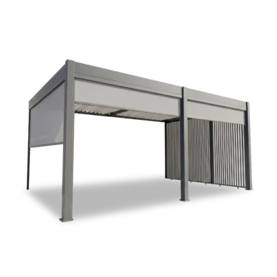 Pergola Elios 5,3x3,6 m. pilka su 3 roletai, 1 šono vertikaliomis žaliuzėmis
