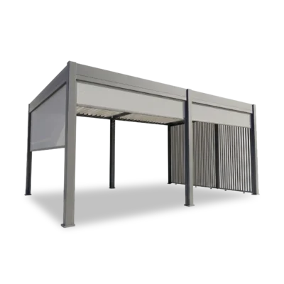 Pergola Elios 5,3x3,6 m. pilka su roletais ir vertikaliomis žaliuzėmis