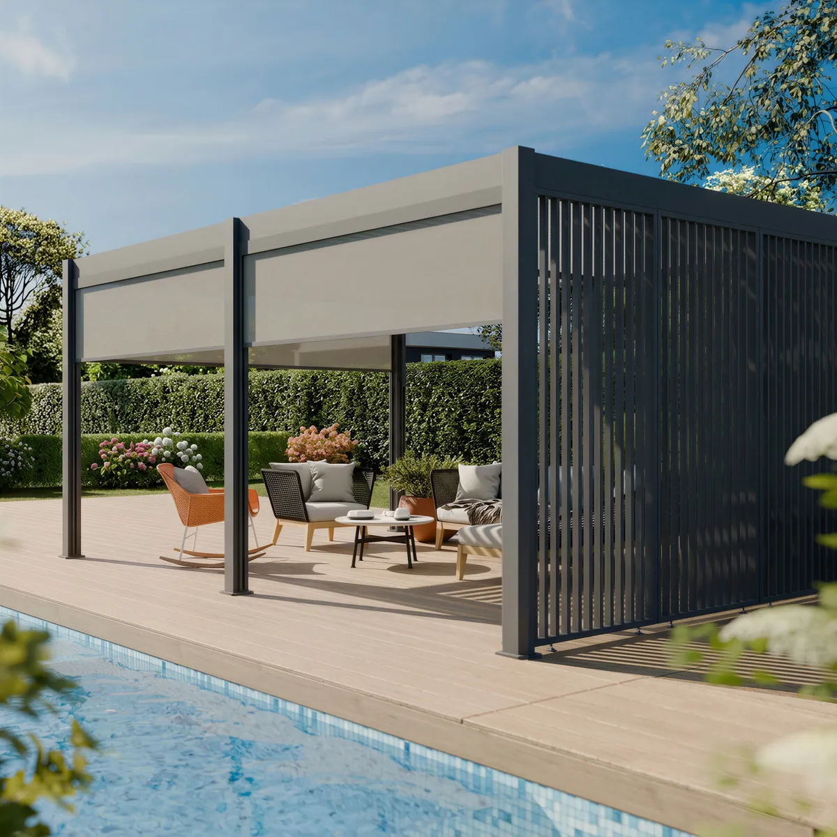 Pergola Elios 5,3x3,6 m. pilka su roletais ir vertikaliomis žaliuzėmis - Image 2